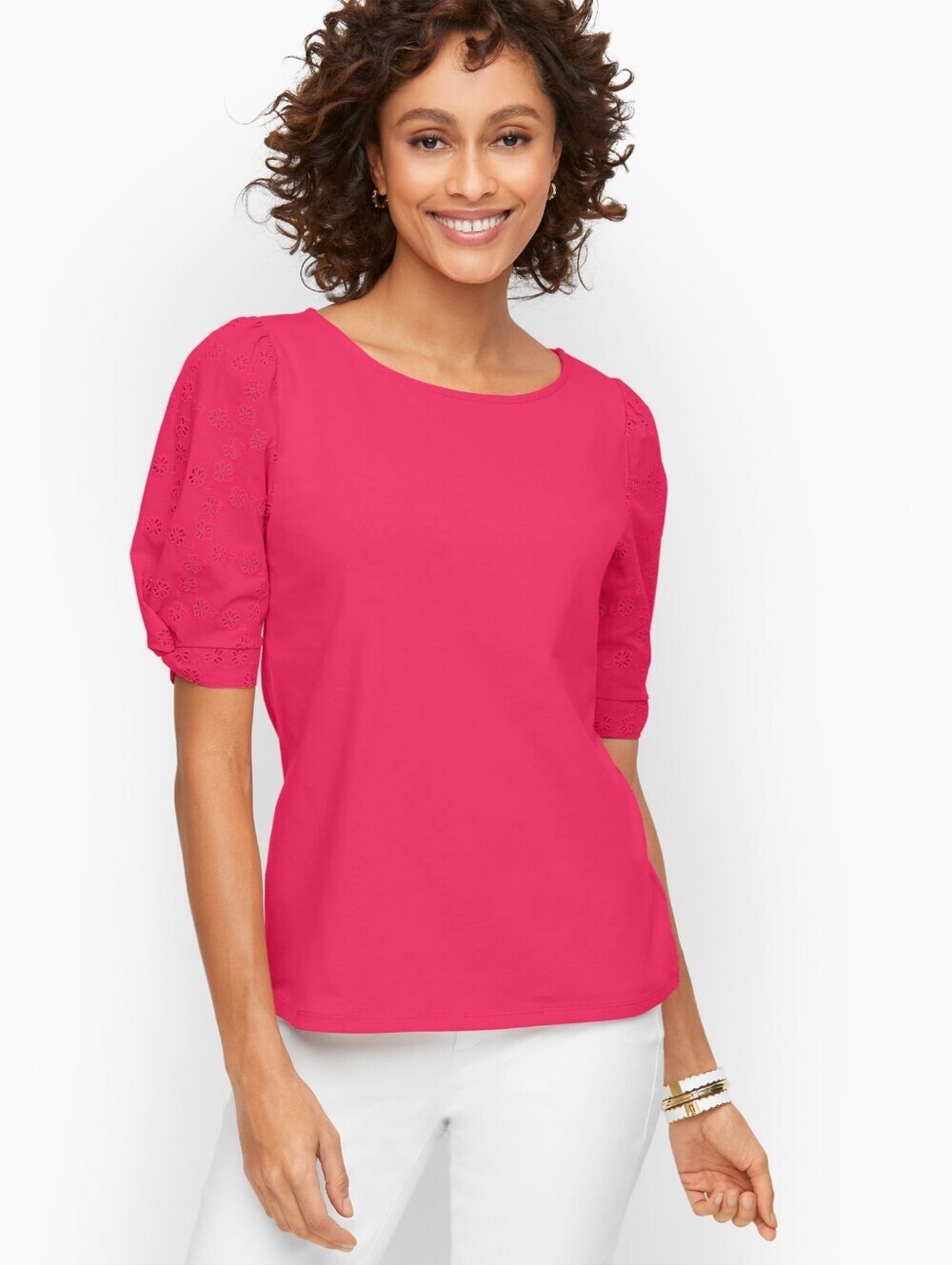 Talbots Eyelet Lace Puff Sleeve T-shirt Blouse sz Lp Hot Pink Coastal Chic